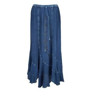 MARIE CLAIRE Embroidered Floral Boho Western Indigo Blue Maxi Skirt Size M